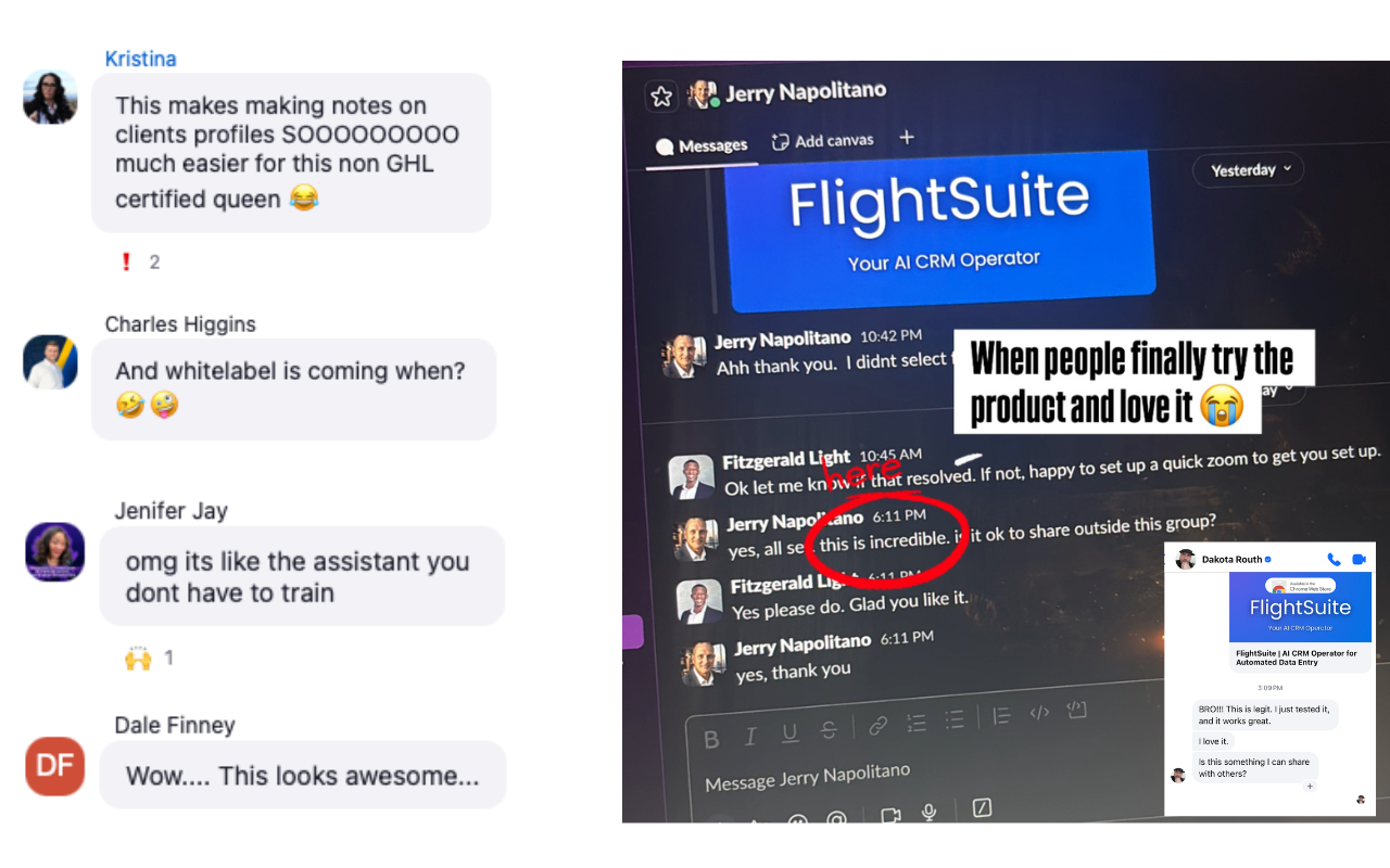 User testimonials showing excitement about FlightSuite - messages like 'this is incredible', 'omg its like the assistant you dont have to train', and 'Wow this looks awesome'